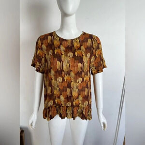 Maison Olga Women Tops Blouse Orange Yellow Cotton Short Sleeve Ruffle Hem Sz M